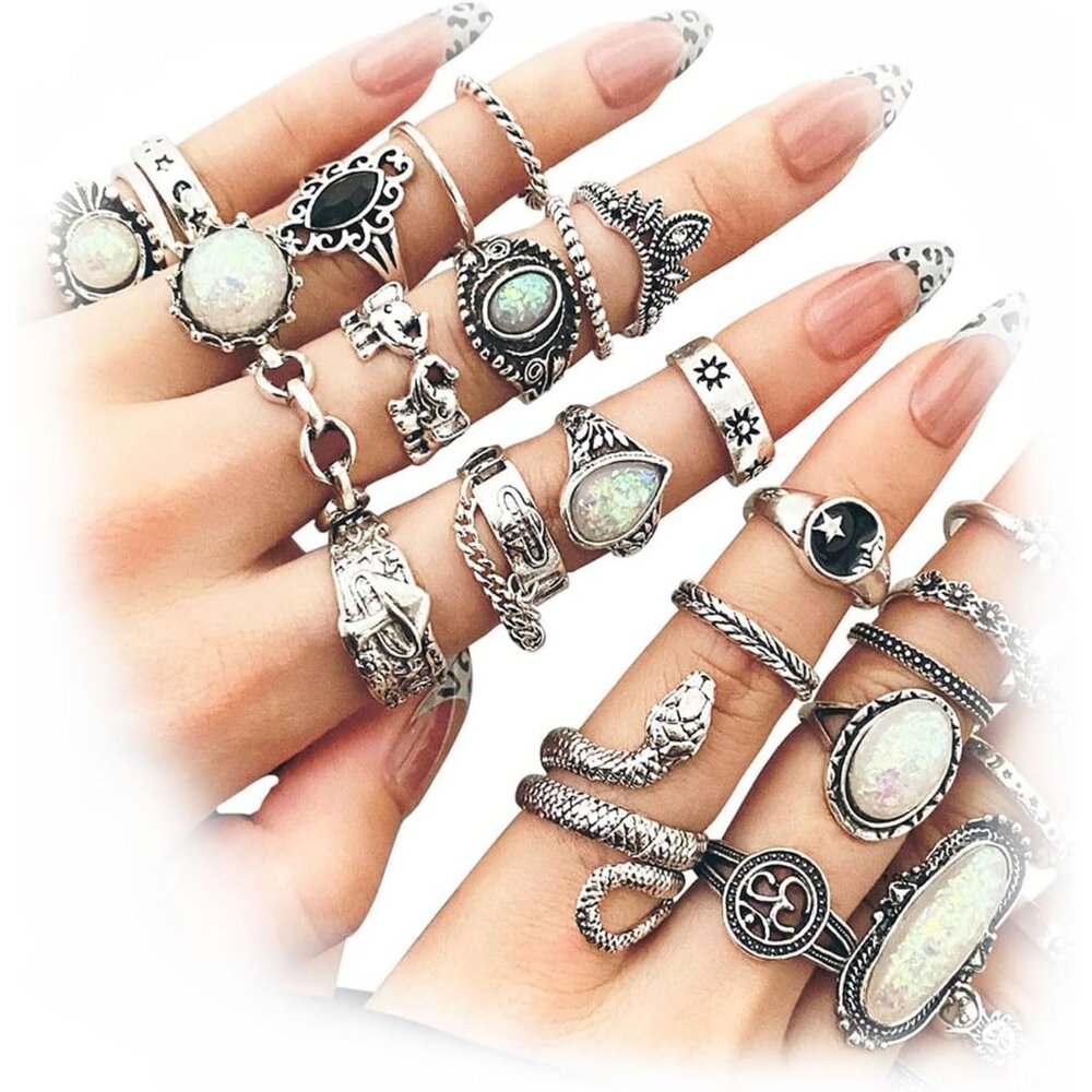 Vintage Silver Knuckle Rings Set For Women Men, Chunky Rings Aesthetic Snake Gru View 2